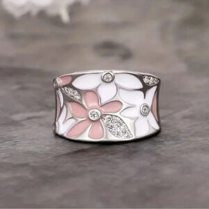 Silver Pink & White Flower Zircon Ring